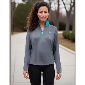 Under Armour Long Sleeve Quarter Zip Loose Heat Gear Top Gray Aqua Size Medium